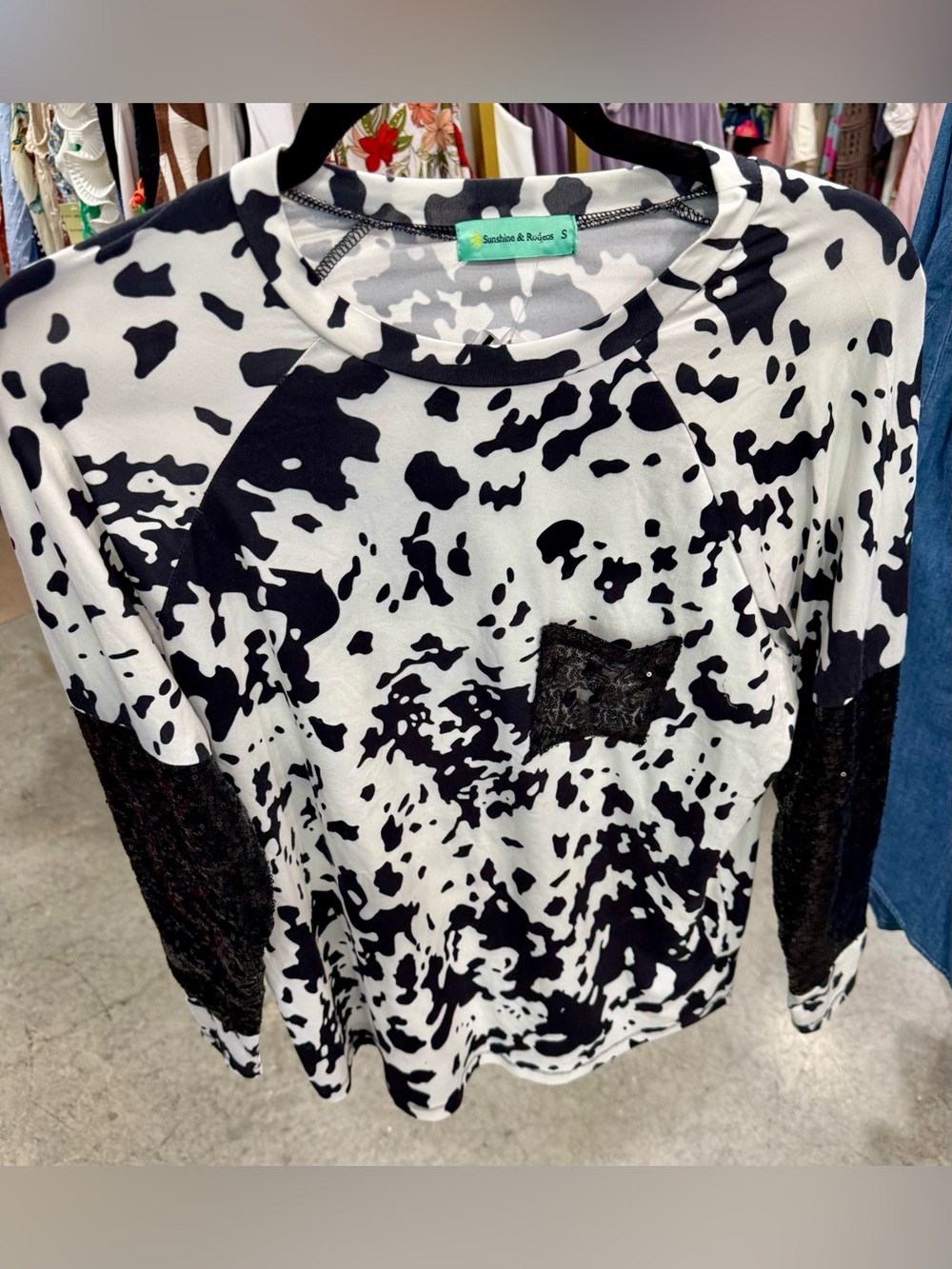 Sunshine & Rainbows Black & White Cow Print Long Sleeve Top